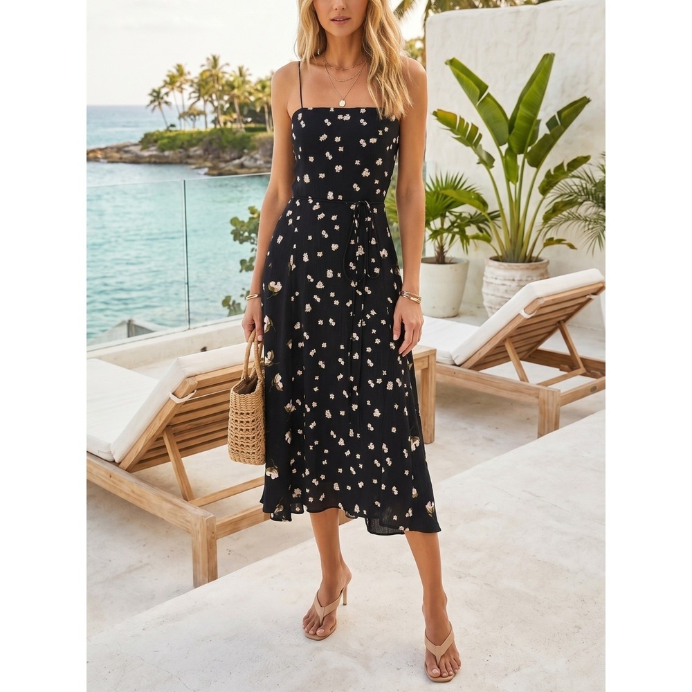 Vince Mixed Ditzy Hibiscus Floral Sleeveless Midi Dress Navy NWT Size 8 $365